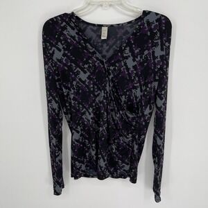 Merona Women's Purple Abstract Camo Faux Wrap Ruched Long Sleeve Top Size M